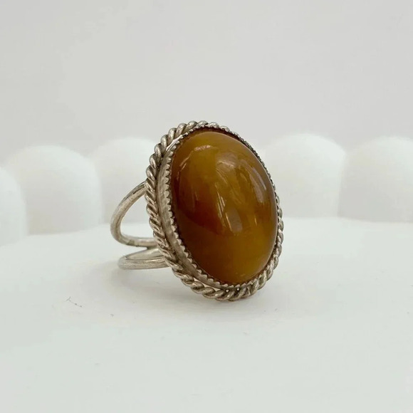 Honey Gold Natural Stone Rope Sterling Silver Unisex Cabochon Ring - sz 5.25 - Picture 8 of 10
